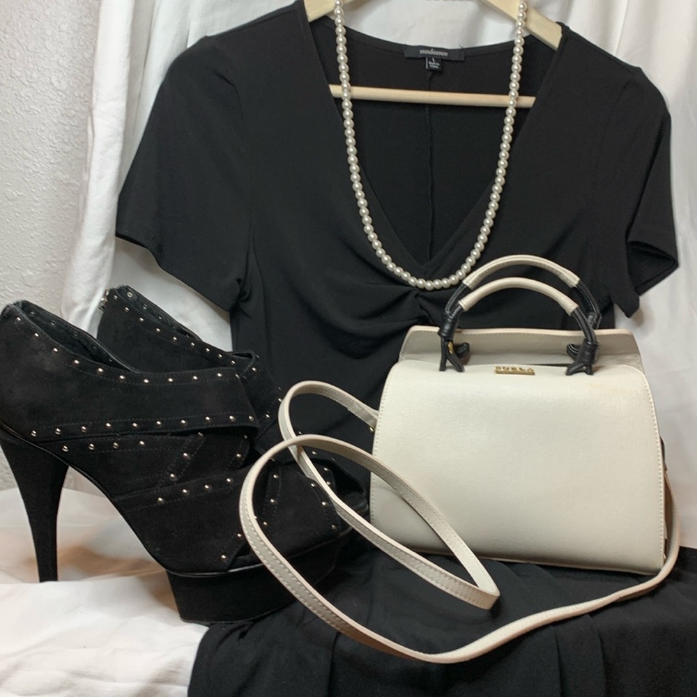 FURLA Black and White Lunchbox Style Leather Bag